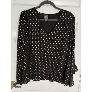 Worthington Black Gold Polka Dot Blouse XL Long Sleeve Ruffle Cuff Top